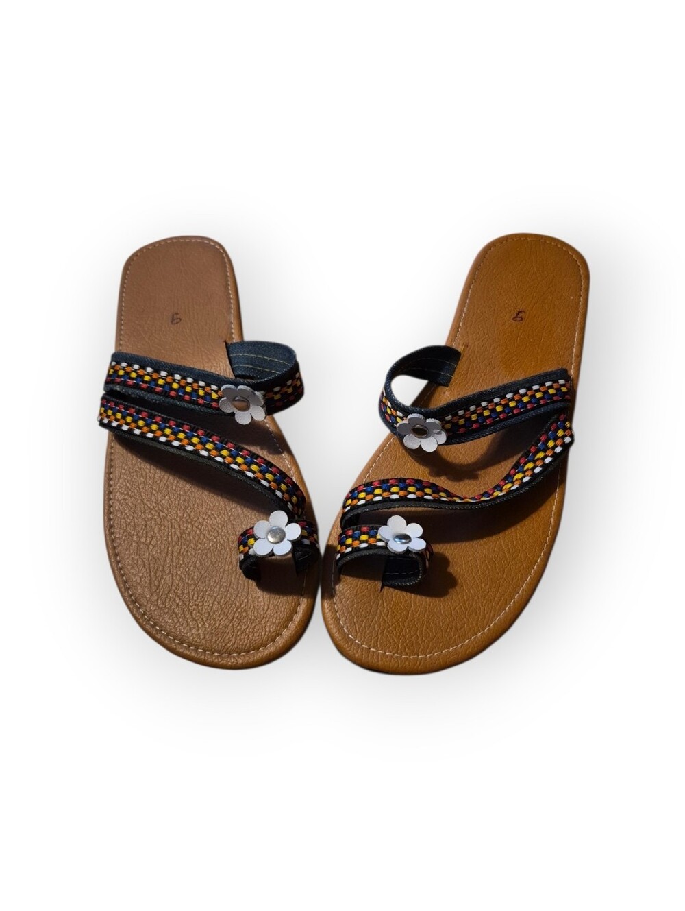 Women's Manmade Bohemian Style Brown Slide Sandals with Black Multicolor Straps
